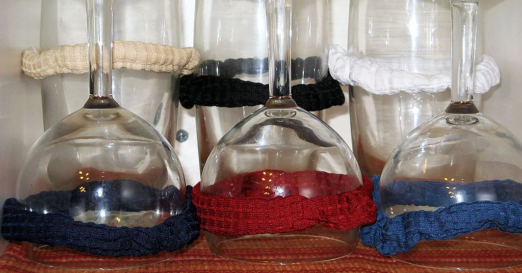Wine glasses with scrunchies - stop noisy glasses on the boat