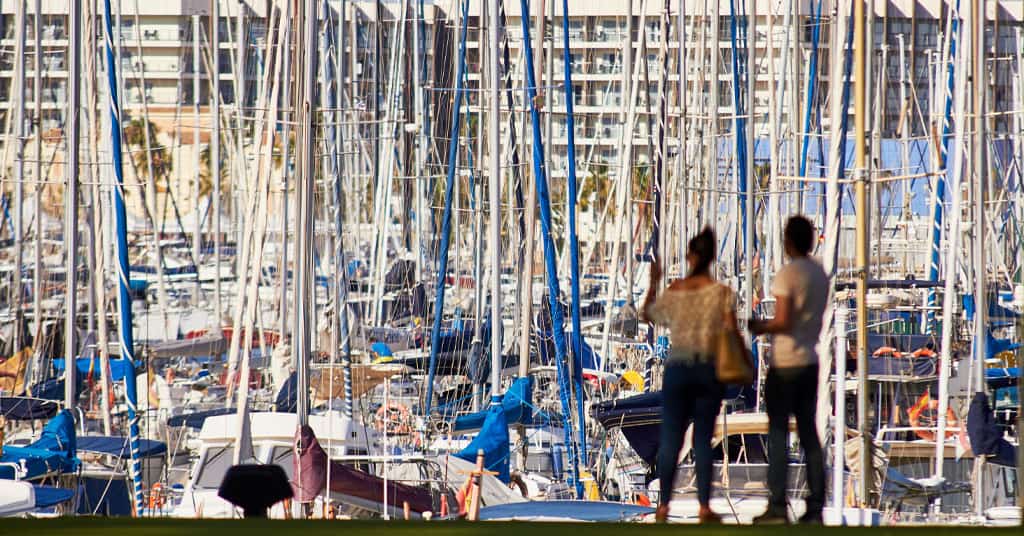 Couple staring at sailboat masts in marina - preparing to cruise and overwhelmed