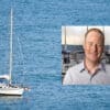 Boat at anchor with inset picture of man with red hair and grey shirt