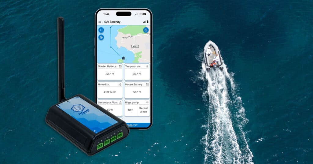 Power boat with inset of Roam Device and phone with app open