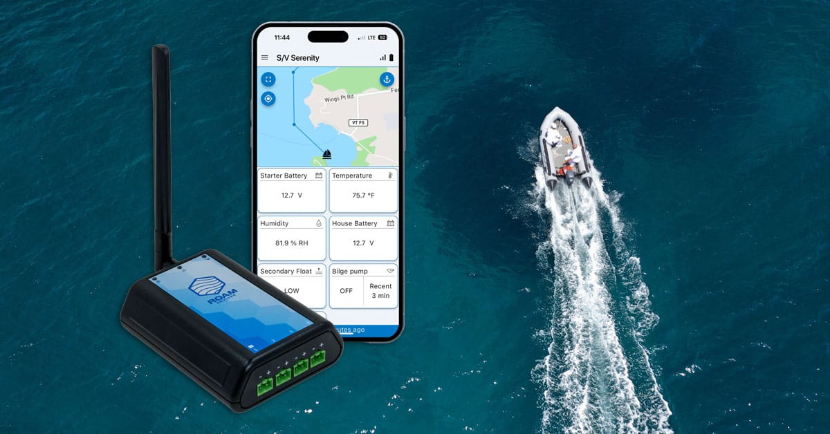 Power boat with inset of Roam Device and phone with app open