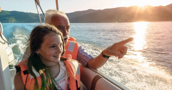 Man and girl in boat wearing life jackets - brief guests for safety