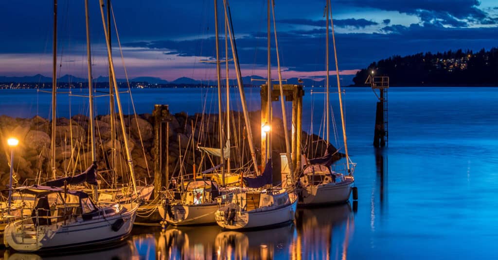 marina at night with sailboats - calculating power needs