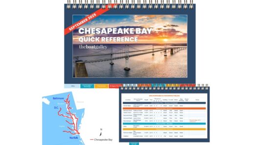 Cover of The Boat Galley Chesapeake Bay Quick Reference Cruising Guide, dated September 2025, featuring a sunset view of the Chesapeake Bay Bridge, shown above a sample interior page displaying the Anchorages & Mooring Fields table with columns for location, Active Captain name, depth, tide, protection by direction, holding, current, wake, dog walking, storm hole, and notes; a small map at lower left highlights the Chesapeake Bay from Baltimore through D.C. and Norfolk.