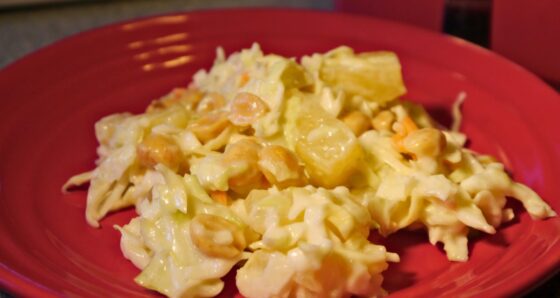 Close up of Company Coleslaw, made with pineapple and peanuts in addition to cabbage.
