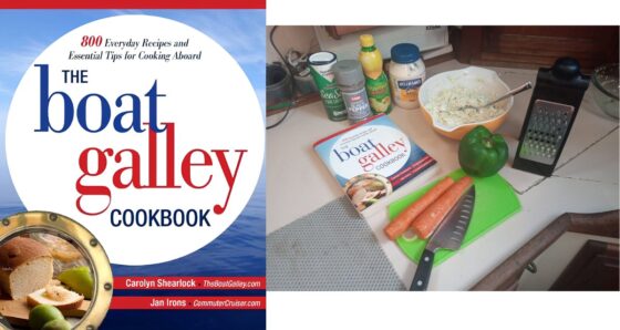 Cover of The Boat Galley Cookbook by Carolyn Shearlock and Jan Irons, subtitled "800 Everyday Recipes and Essential Tips for Cooking Aboard," shown beside a photo of the cookbook open on a galley counter next to fresh carrots and a green pepper on a cutting board, with sea salt, black pepper, ReaLemon juice, mayonnaise, a box grater, and a bowl of slaw nearby.
