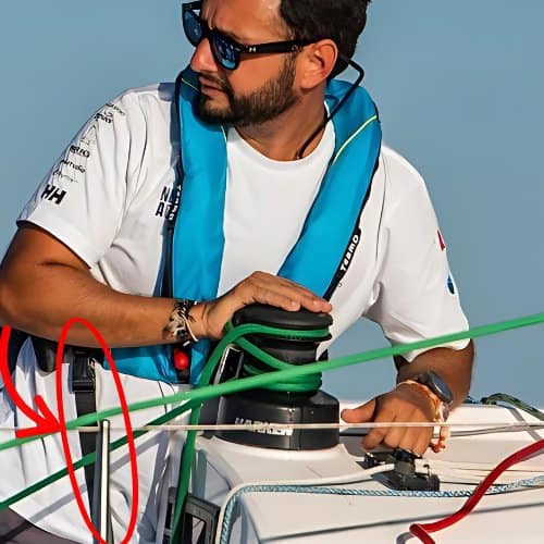 Man using a winch on a sailboat. he's wearing an inflatable life jacket with crotch straps pointed out with a red circle. 