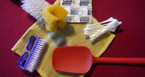 Nail brush, spatula, denture tablets, q-tips - tools for cleaning galley