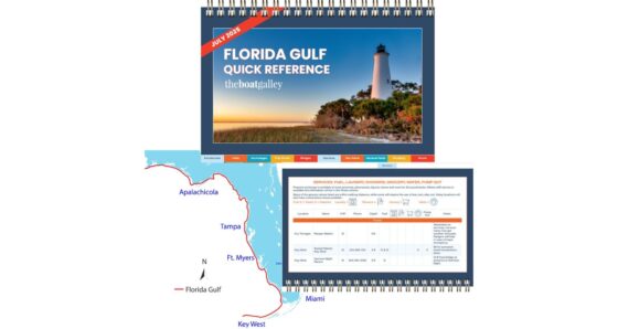 Cover of The Boat Galley Florida Gulf Quick Reference Cruising Guide, dated July 2025, featuring a sunset view of the St. Marks Lighthouse, shown above a sample interior page displaying the Services table with columns for location, name, VHF, phone, depth, fuel, laundry, showers, grocery, water, pump out, and notes; a small map at lower left highlights the coverage area along the Florida Gulf Coast from Mobile, AL through Tampa, Fort Myers, and Key West to the Dry Tortugas.