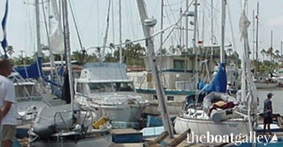 Boats with torn sails from Hurricane Marty