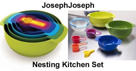 Nest together your mixing bowls, strainer, colander AND measuring cups with this set that measures just under 9" x 9" x 4-1/2"