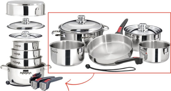 Magma nesting cookware set shown laid out and nested for storage in a boat galley