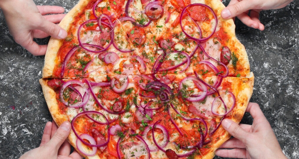 A colorful meal served on a boat, showing that eating well without refrigeration is completely achievable