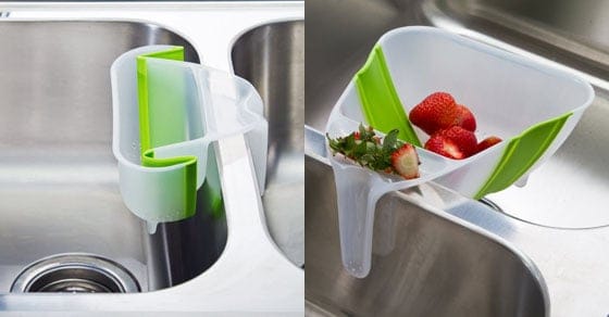 Great idea from reader John Mayton for a small dish drainer to hold small items (or just a few dishes for a single-hander) and doubles as a colander.