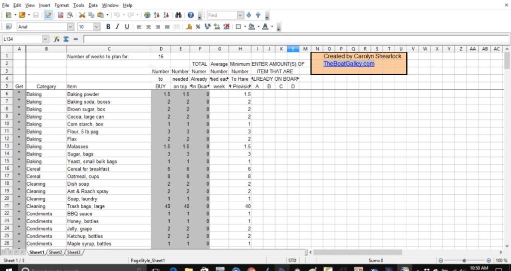 Provisioning spreadsheet open in Excel showing categories, items, and quantity columns for boat trip planning