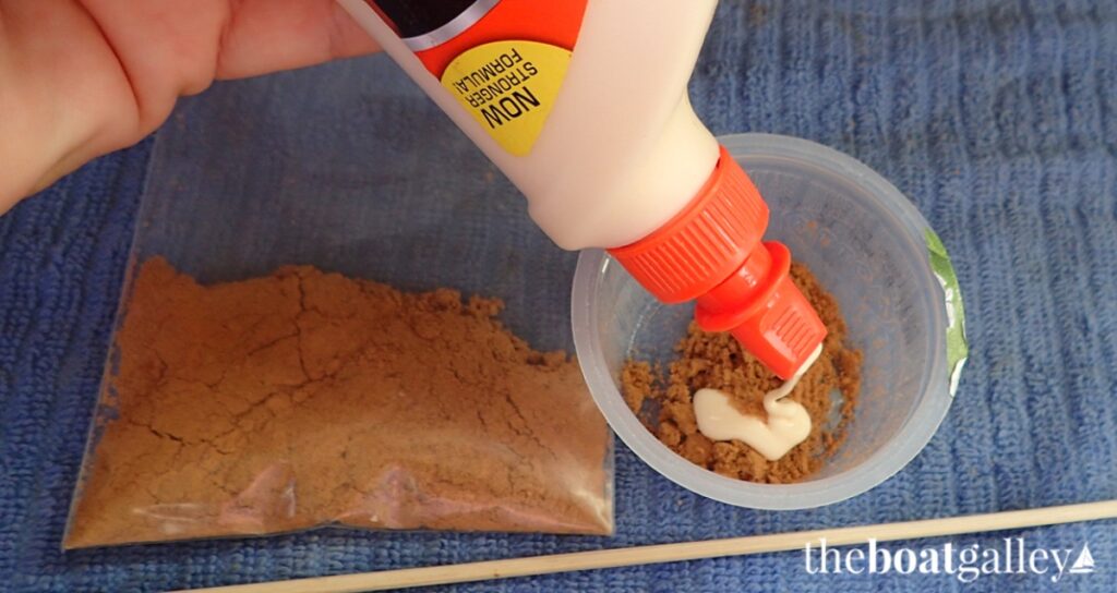 Mixing glue and sawdust - repairing teak holes
