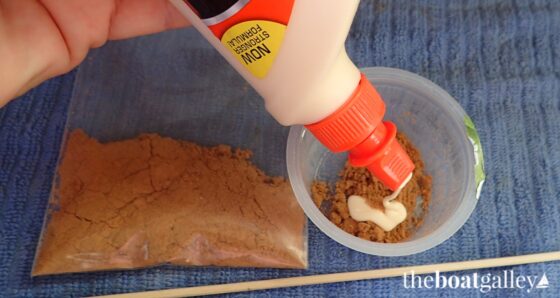Mixing glue and sawdust - repairing teak holes
