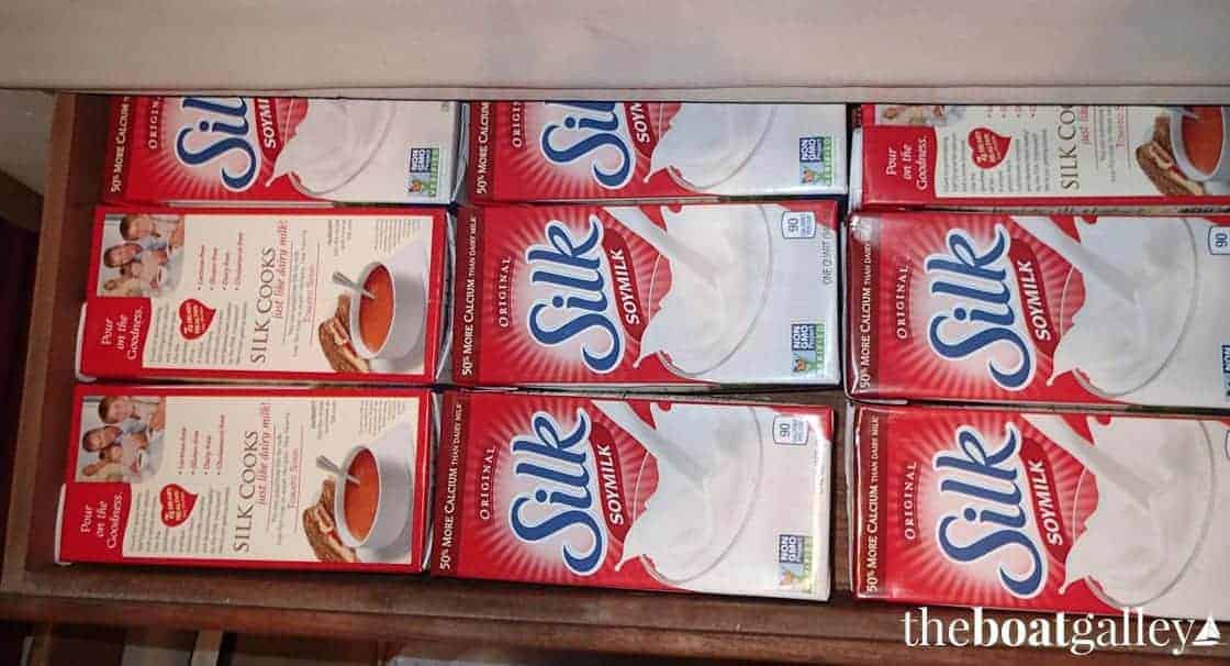 Galley storage -- drawer of boxed soy milk