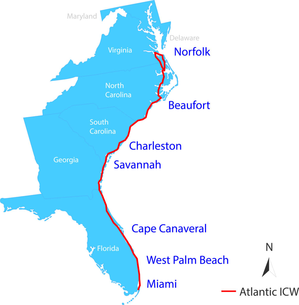 Map of the Atlantic ICW from Norfolk, VA to Miami, FL showing major cities along the route.