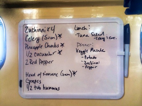 Whiteboard showing what's in the refrigerator