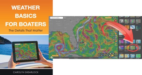 Cover of Weather Basics for Boaters: The Details That Matter by Carolyn Shearlock, shown beside a screenshot of the Windy.com weather app displaying wind and current overlays for the Florida and Bahamas region with a panel of selectable forecast layers including waves, swell, clouds, and currents.