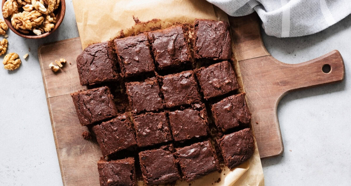 Pan of brownies showing how to adjust baking time when changing pan size