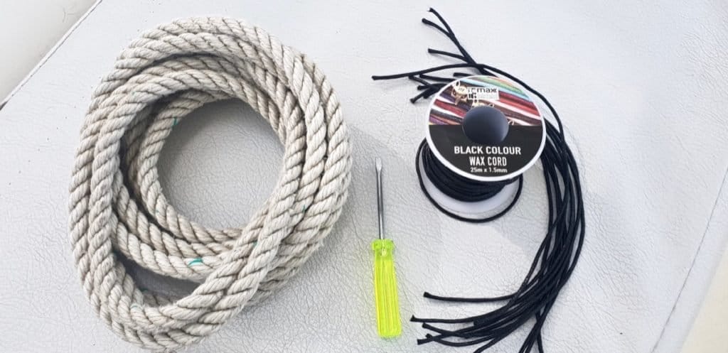 Make your own boat clothesline with 3 strand line, waxed cord, and a flat head screwdriver.