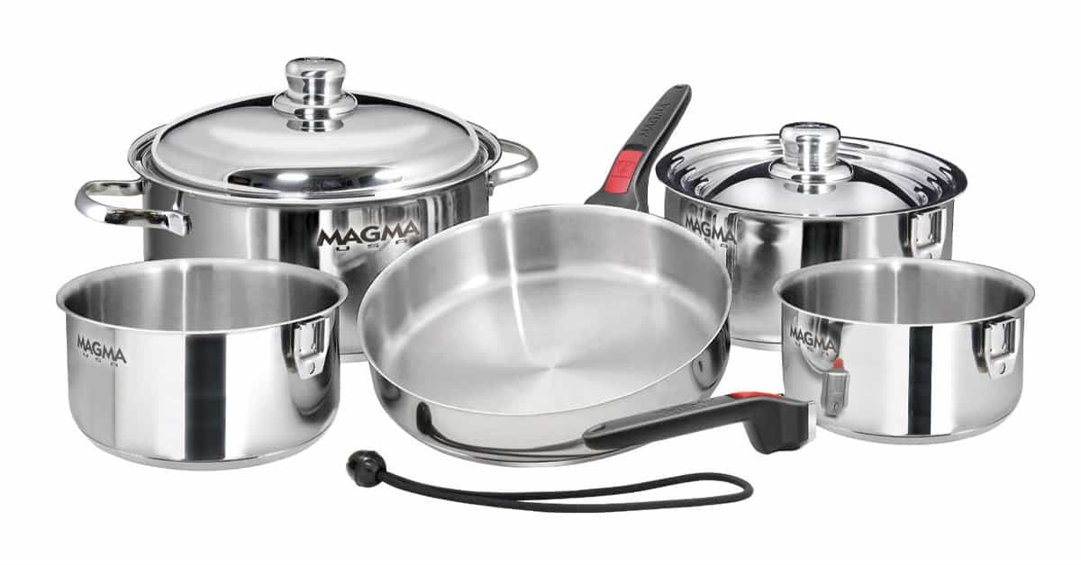 Camco Stainless Steel Nesting Cookware Set- Non Stick Pans and Pots with  Removable Handles, Space Efficient Excellent for RVs and Compact Kitchen